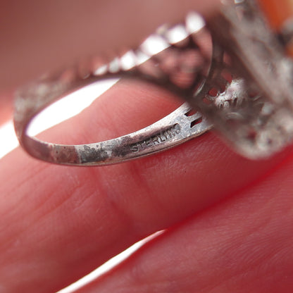 925 Sterling Silver Antique Art Deco Real MOP Lady Cameo Filigree Ring Size 5.75