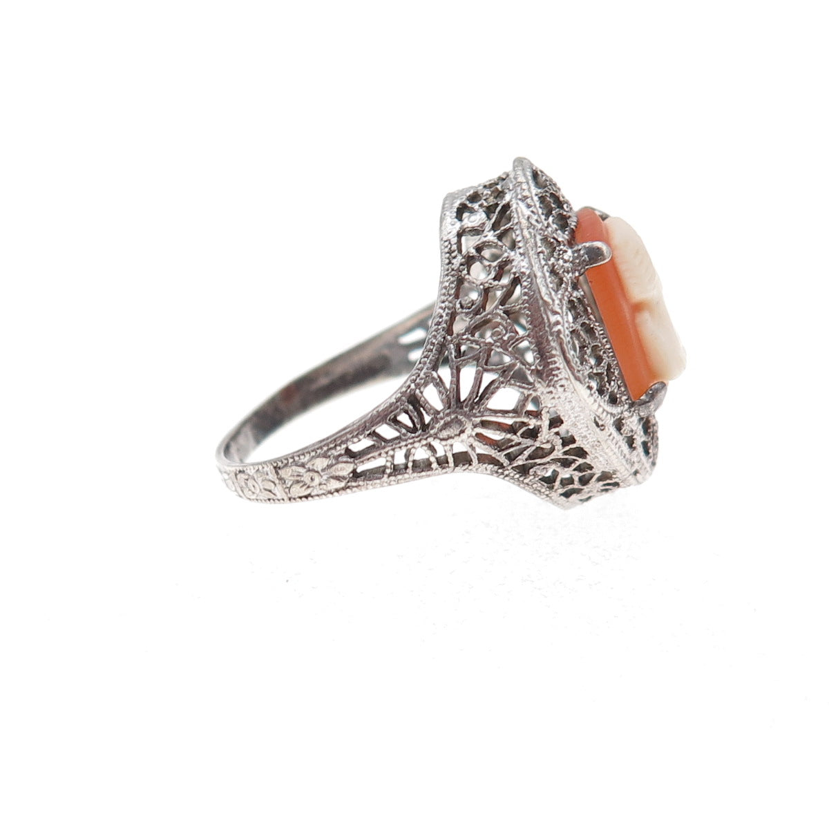 925 Sterling Silver Antique Art Deco Real MOP Lady Cameo Filigree Ring Size 5.75