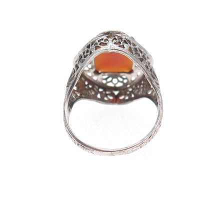 925 Sterling Silver Antique Art Deco Real MOP Lady Cameo Filigree Ring Size 5.75