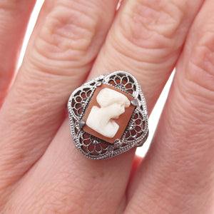 925 Sterling Silver Antique Art Deco Real MOP Lady Cameo Filigree Ring Size 5.75