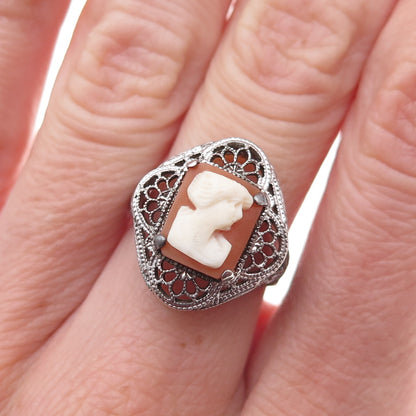 925 Sterling Silver Antique Art Deco Real MOP Lady Cameo Filigree Ring Size 5.75