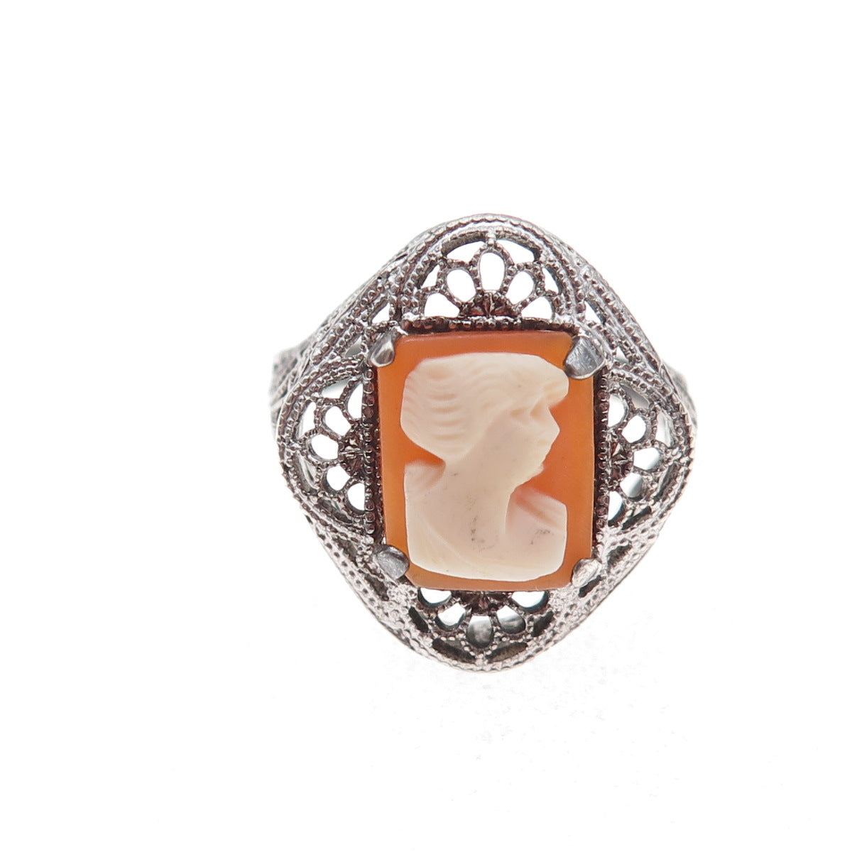925 Sterling Silver Antique Art Deco Real MOP Lady Cameo Filigree Ring Size 5.75
