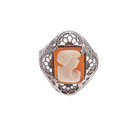 925 Sterling Silver Antique Art Deco Real MOP Lady Cameo Filigree Ring Size 5.75