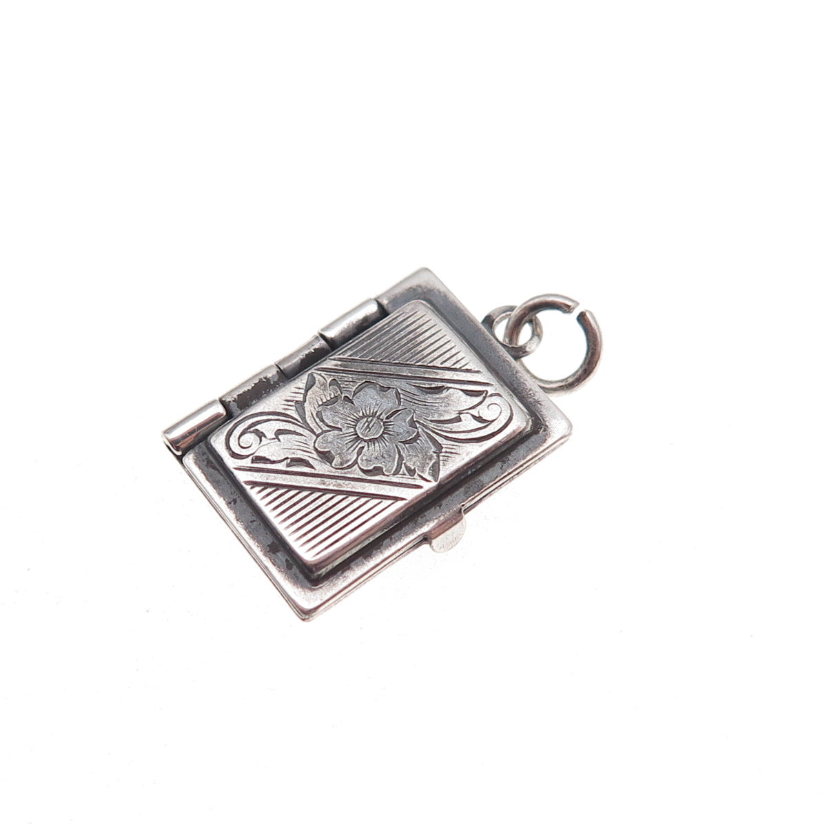 925 Sterling Silver Antique Art Deco Floral Locket Oxidized Charm Pendant