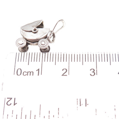 925 Sterling Silver Vintage Mexico Baby Stroller Movable 3D Charm Pendant