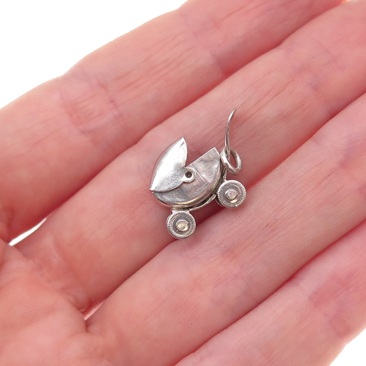 925 Sterling Silver Vintage Mexico Baby Stroller Movable 3D Charm Pendant