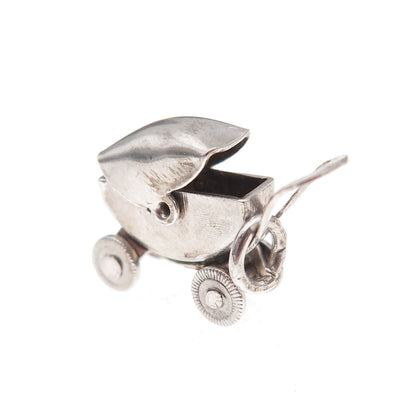 925 Sterling Silver Vintage Mexico Baby Stroller Movable 3D Charm Pendant