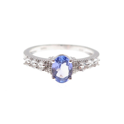 925 Sterling Silver Real Tanzanite & White Topaz Ring Size 8