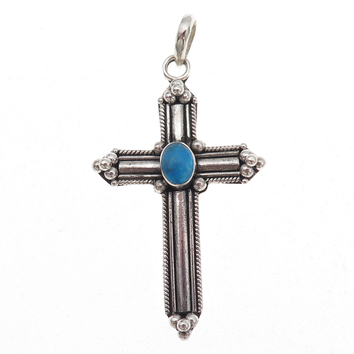 925 Sterling Silver Vintage Real Turquoise Cross Oxidized Pendant