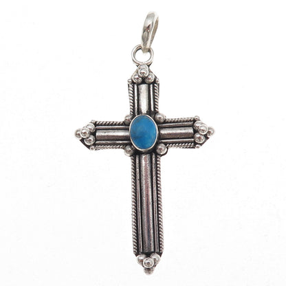 925 Sterling Silver Vintage Real Turquoise Cross Oxidized Pendant
