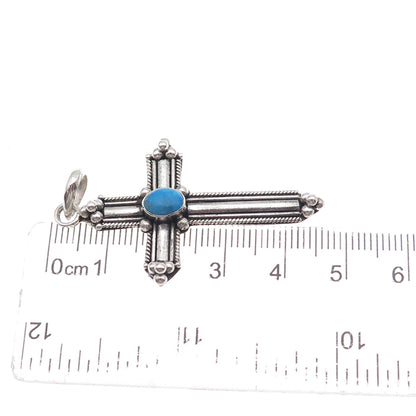 925 Sterling Silver Vintage Real Turquoise Cross Oxidized Pendant