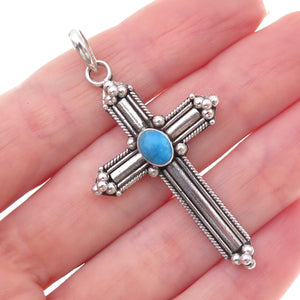925 Sterling Silver Vintage Real Turquoise Cross Oxidized Pendant