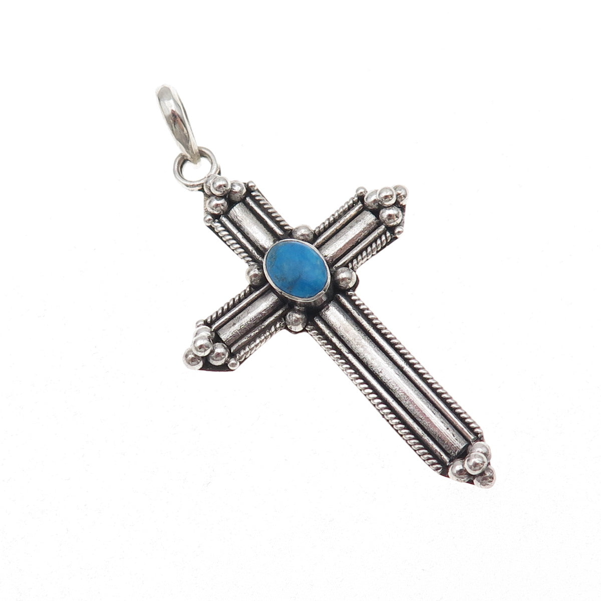 925 Sterling Silver Vintage Real Turquoise Cross Oxidized Pendant
