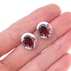 Atelier 925 Sterling Silver Real Oval-Cut Red Garnet Stud Earrings
