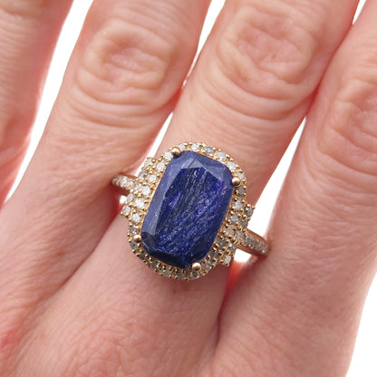 925 Sterling Silver Gold Plated Real Diamond & Sapphire Ring Size 7.25