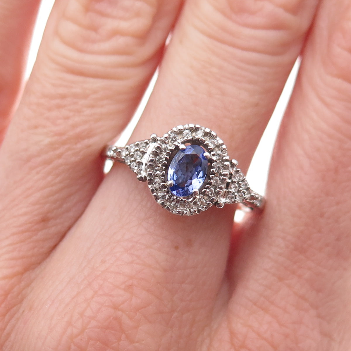 925 Sterling Silver Real Tanzanite & White Topaz Ring Size 8
