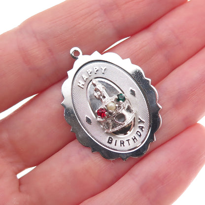 Town & Country 925 Sterling Vintage Real Pearl Rhinestone Happy Birthday Pendant