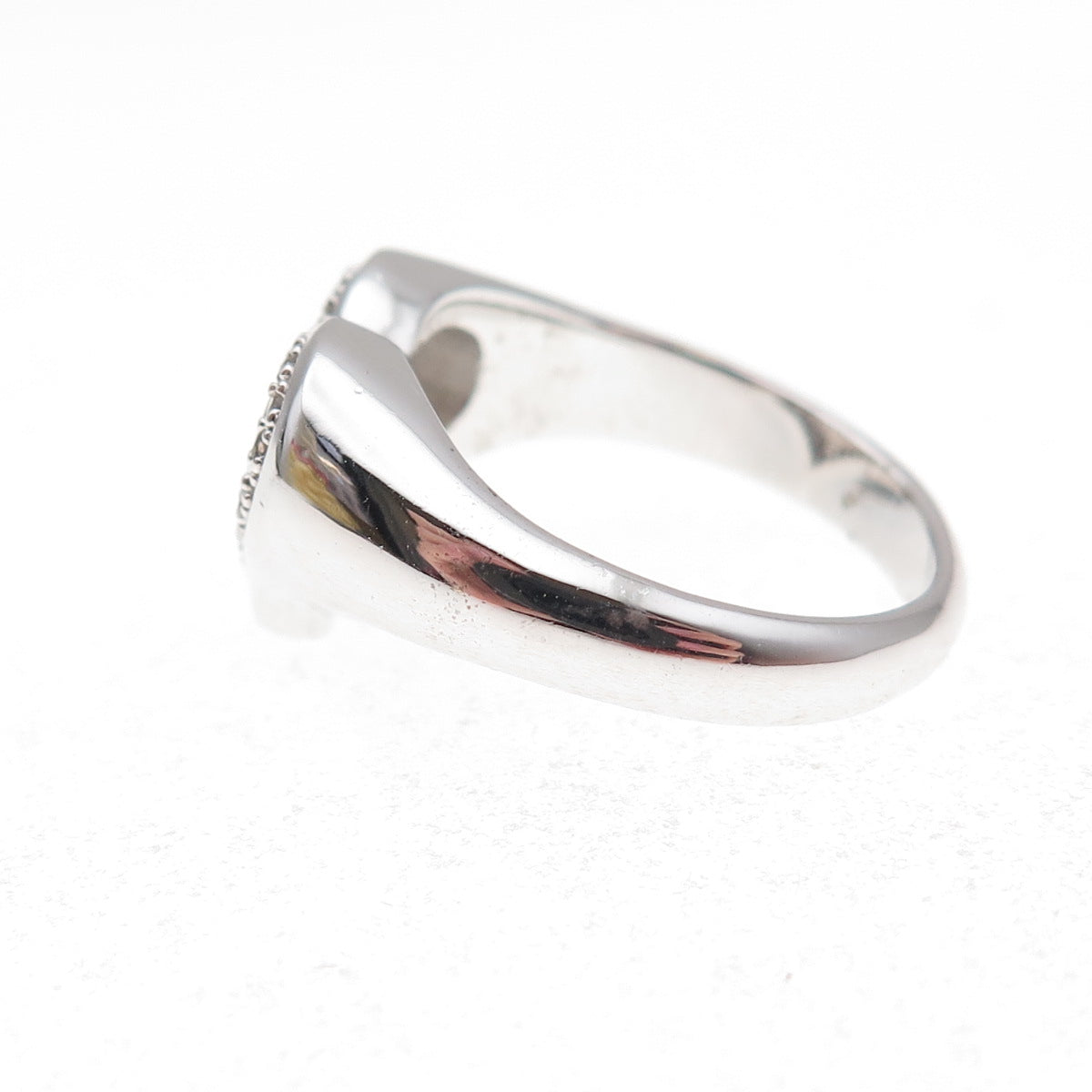 925 Sterling Silver Mexico Real Round-Cut Diamond Heart Signet Ring Size 7