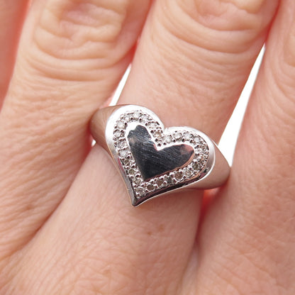 925 Sterling Silver Mexico Real Round-Cut Diamond Heart Signet Ring Size 7