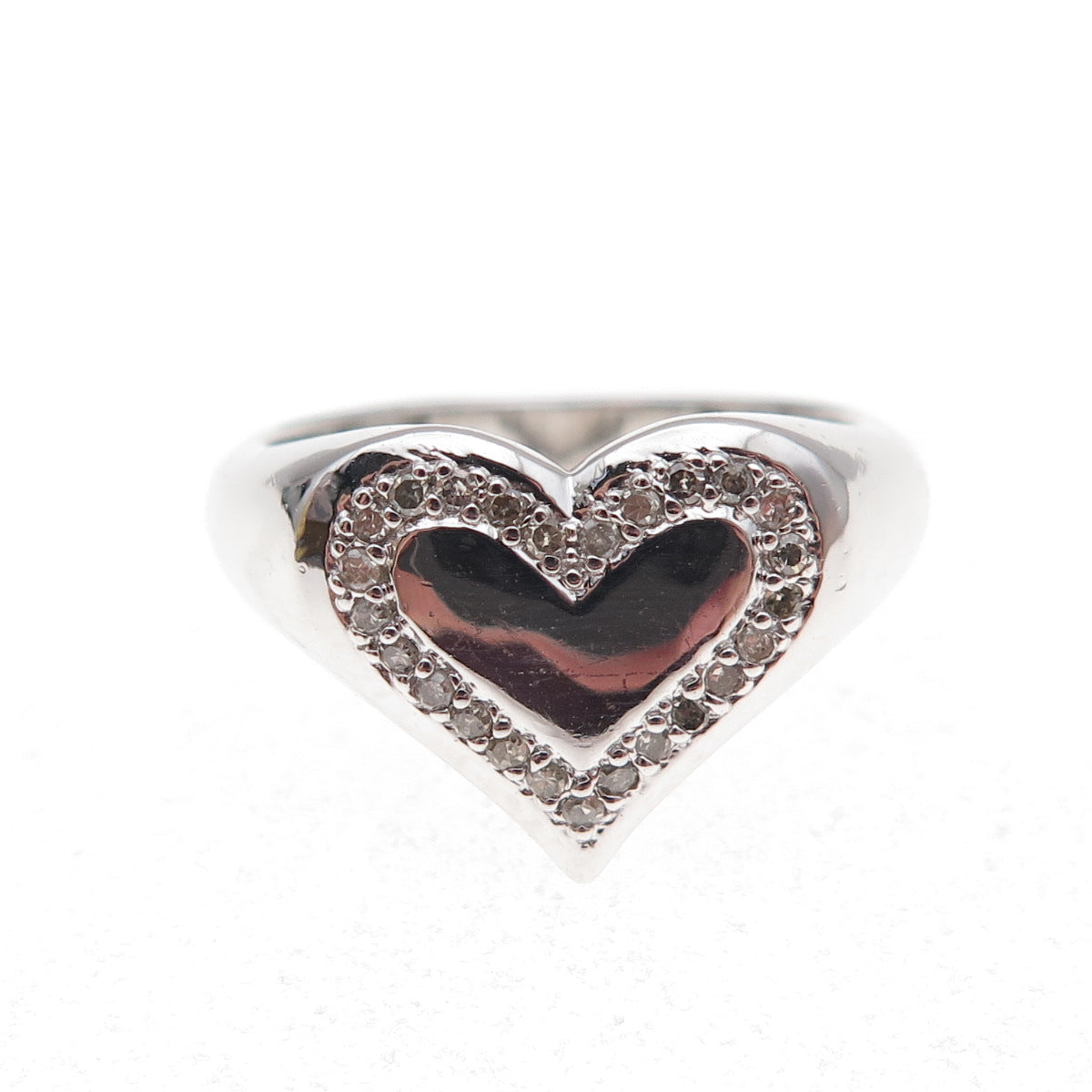 925 Sterling Silver Mexico Real Round-Cut Diamond Heart Signet Ring Size 7