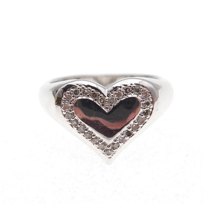 925 Sterling Silver Mexico Real Round-Cut Diamond Heart Signet Ring Size 7