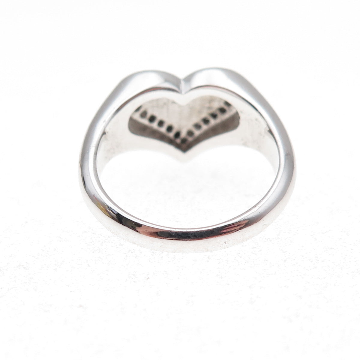 925 Sterling Silver Mexico Real Round-Cut Diamond Heart Signet Ring Size 7