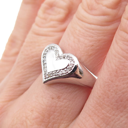 925 Sterling Silver Mexico Real Round-Cut Diamond Heart Signet Ring Size 7