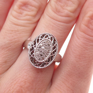 925 Sterling Silver Mexico Real Round-Cut Diamond Ornate Ring Size 7
