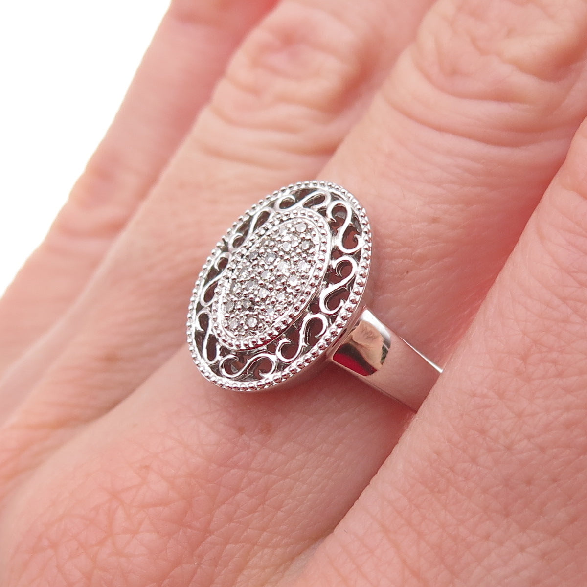 925 Sterling Silver Mexico Real Round-Cut Diamond Ornate Ring Size 7