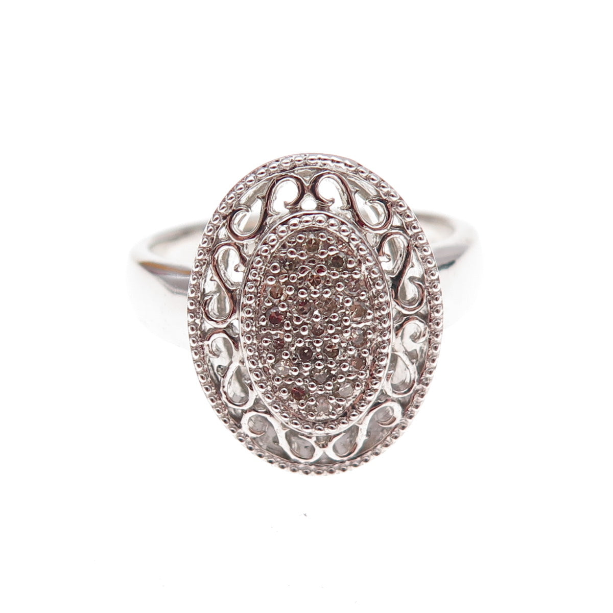 925 Sterling Silver Mexico Real Round-Cut Diamond Ornate Ring Size 7