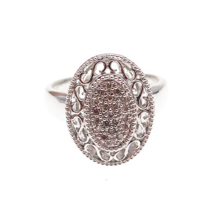 925 Sterling Silver Mexico Real Round-Cut Diamond Ornate Ring Size 7