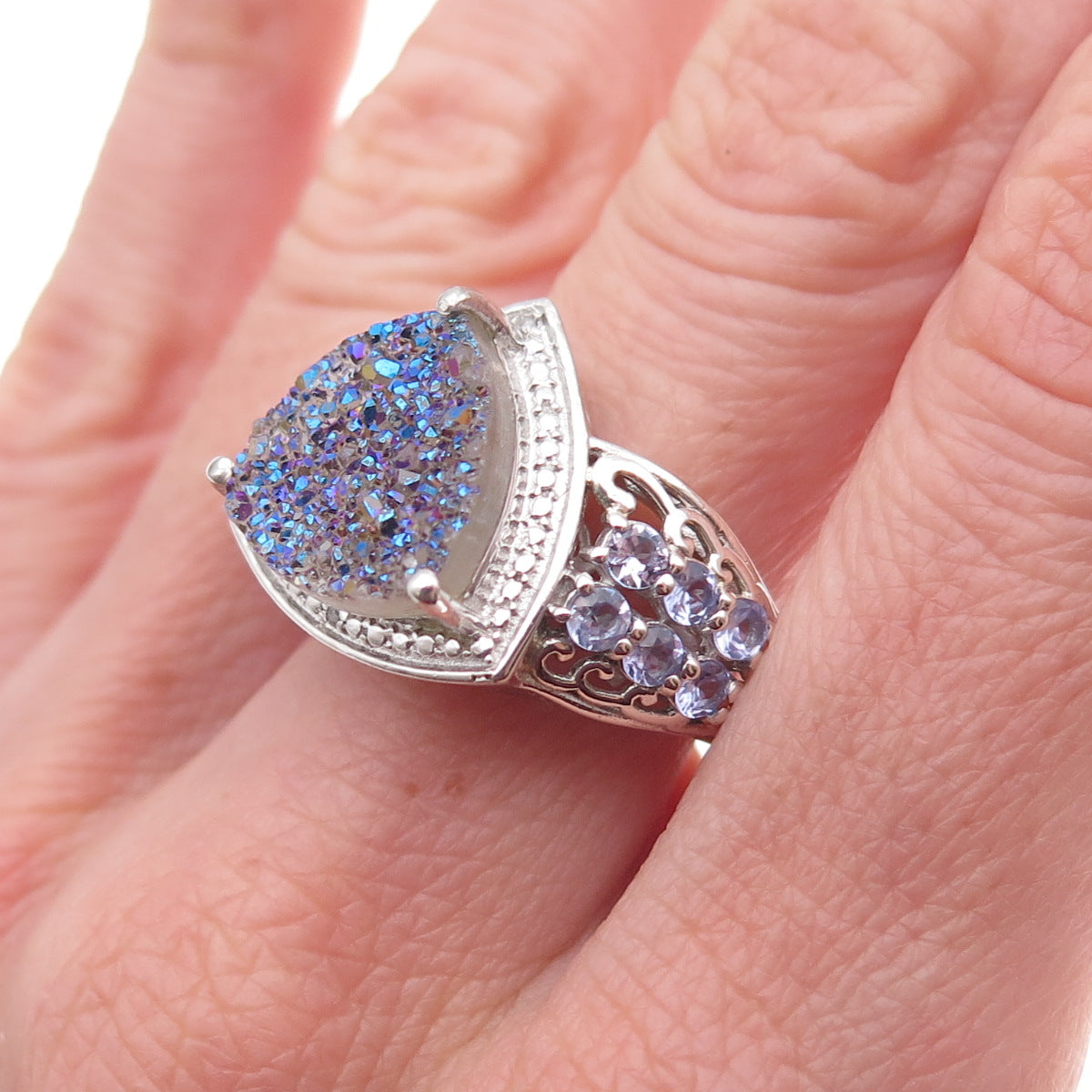 Chuck Clemency 925 Sterling Silver Real Diamond Druzy & Tanzanite Ring Size 8