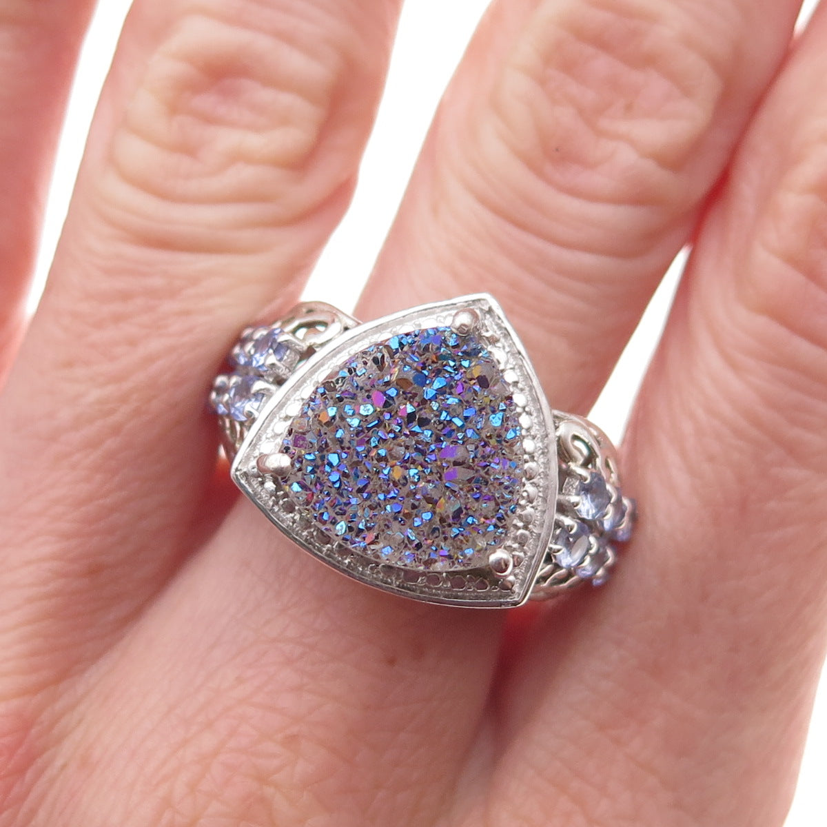 Chuck Clemency 925 Sterling Silver Real Diamond Druzy & Tanzanite Ring Size 8