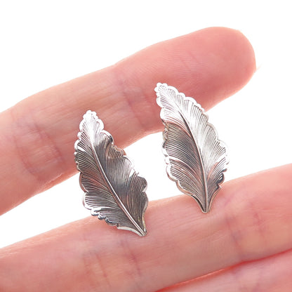 925 Sterling Silver Vintage Feather Oxidized Screw Back Earrings