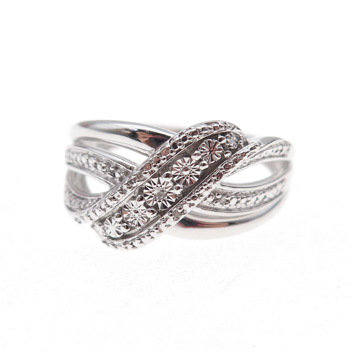 Jane Seymour 925 Sterling Silver Real Diamond Crisscross Ring Size 7