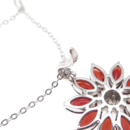 925 Sterling Silver Mexico Real Diamond & Garnet Floral Cable Chain Necklace 18"
