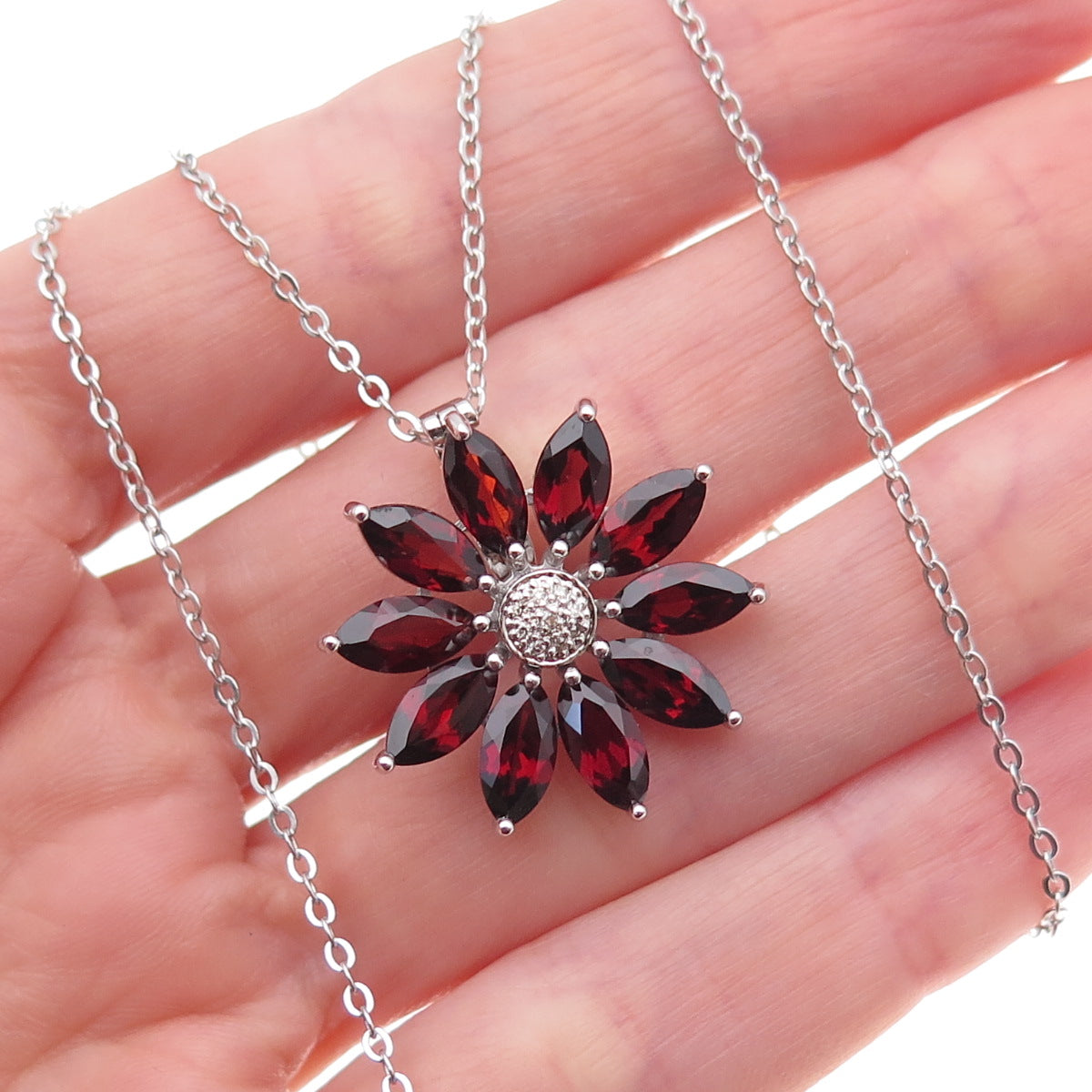 925 Sterling Silver Mexico Real Diamond & Garnet Floral Cable Chain Necklace 18"