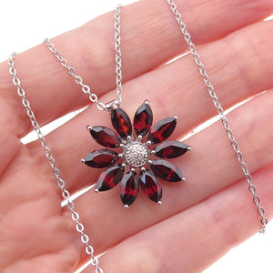 925 Sterling Silver Mexico Real Diamond & Garnet Floral Cable Chain Necklace 18"