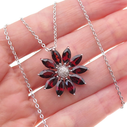 925 Sterling Silver Mexico Real Diamond & Garnet Floral Cable Chain Necklace 18"