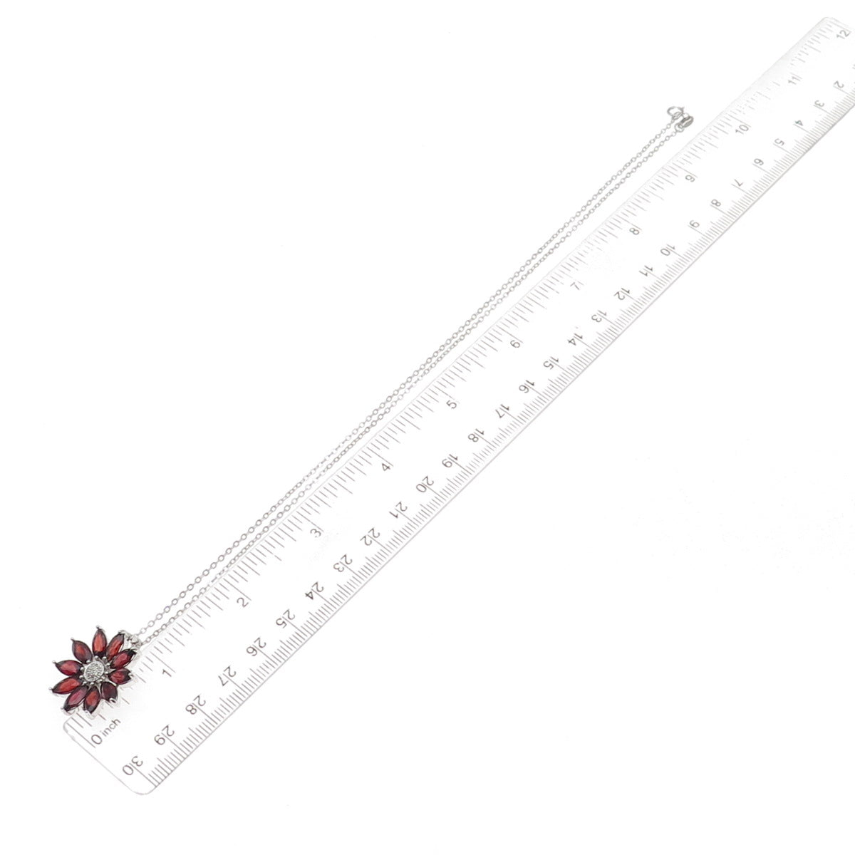 925 Sterling Silver Mexico Real Diamond & Garnet Floral Cable Chain Necklace 18"