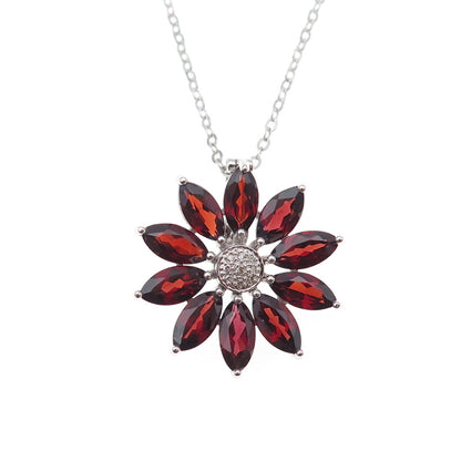 925 Sterling Silver Mexico Real Diamond & Garnet Floral Cable Chain Necklace 18"