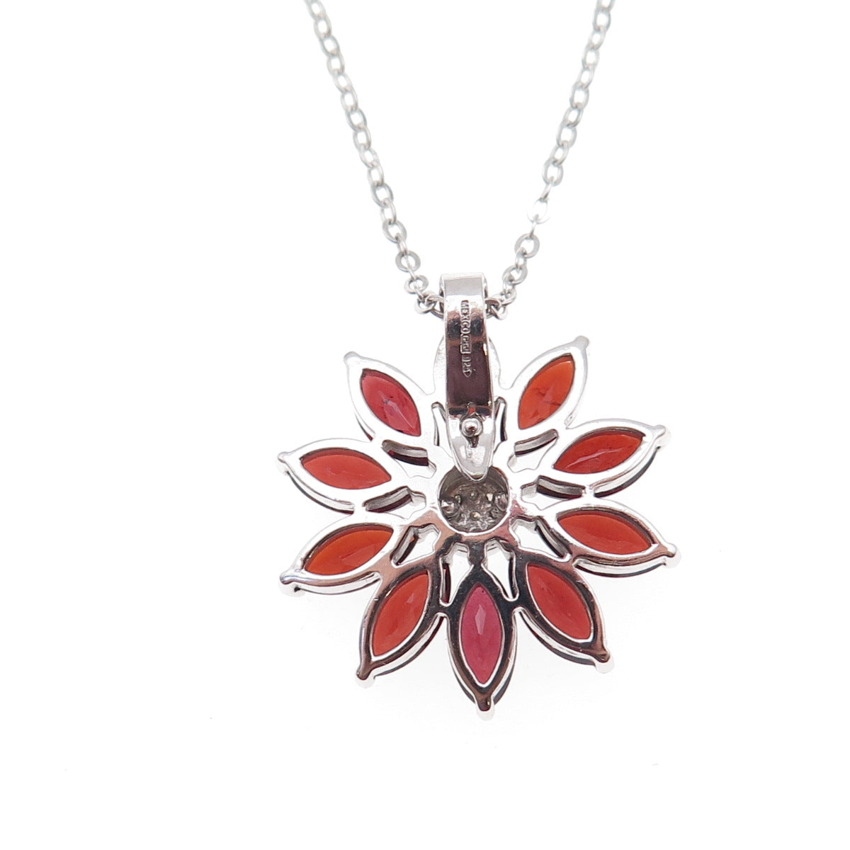 925 Sterling Silver Mexico Real Diamond & Garnet Floral Cable Chain Necklace 18"