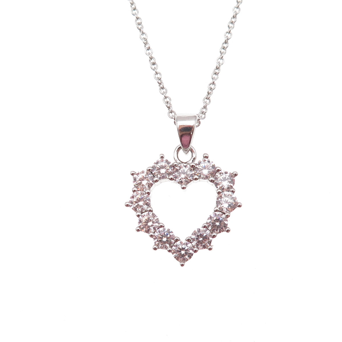 925 Sterling Silver Round-Cut C Z Heart Cable Chain Necklace 18"