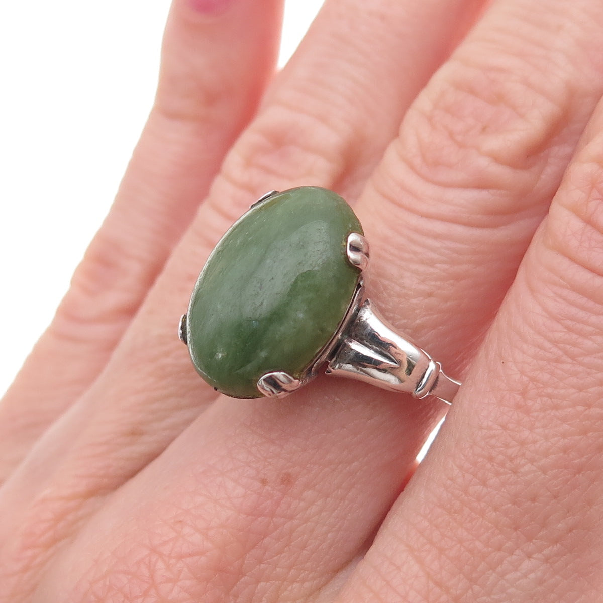 925 Sterling Silver Antique Art Deco Real Cabochon Jade Ring Size 7.5