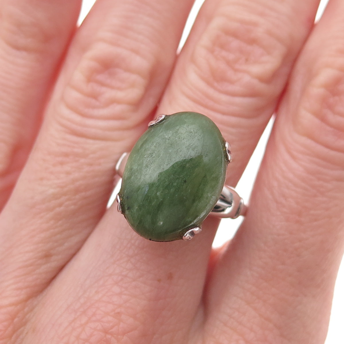 925 Sterling Silver Antique Art Deco Real Cabochon Jade Ring Size 7.5