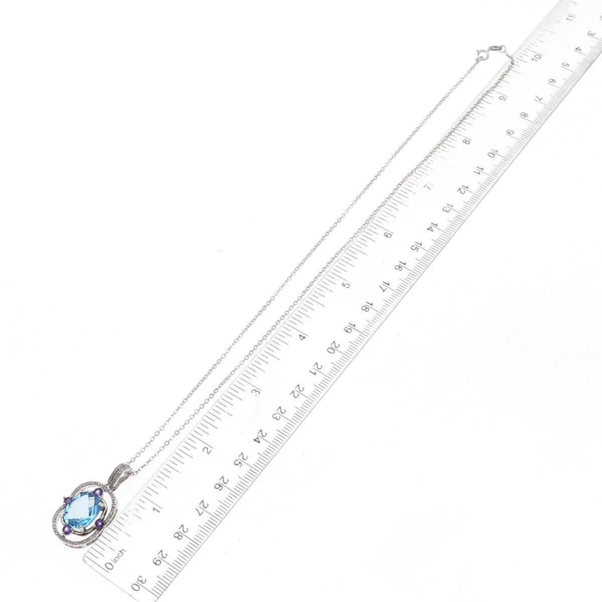 925 Sterling Silver Mexico Real Diamond Blue Topaz & Amethyst Chain Necklace 18"