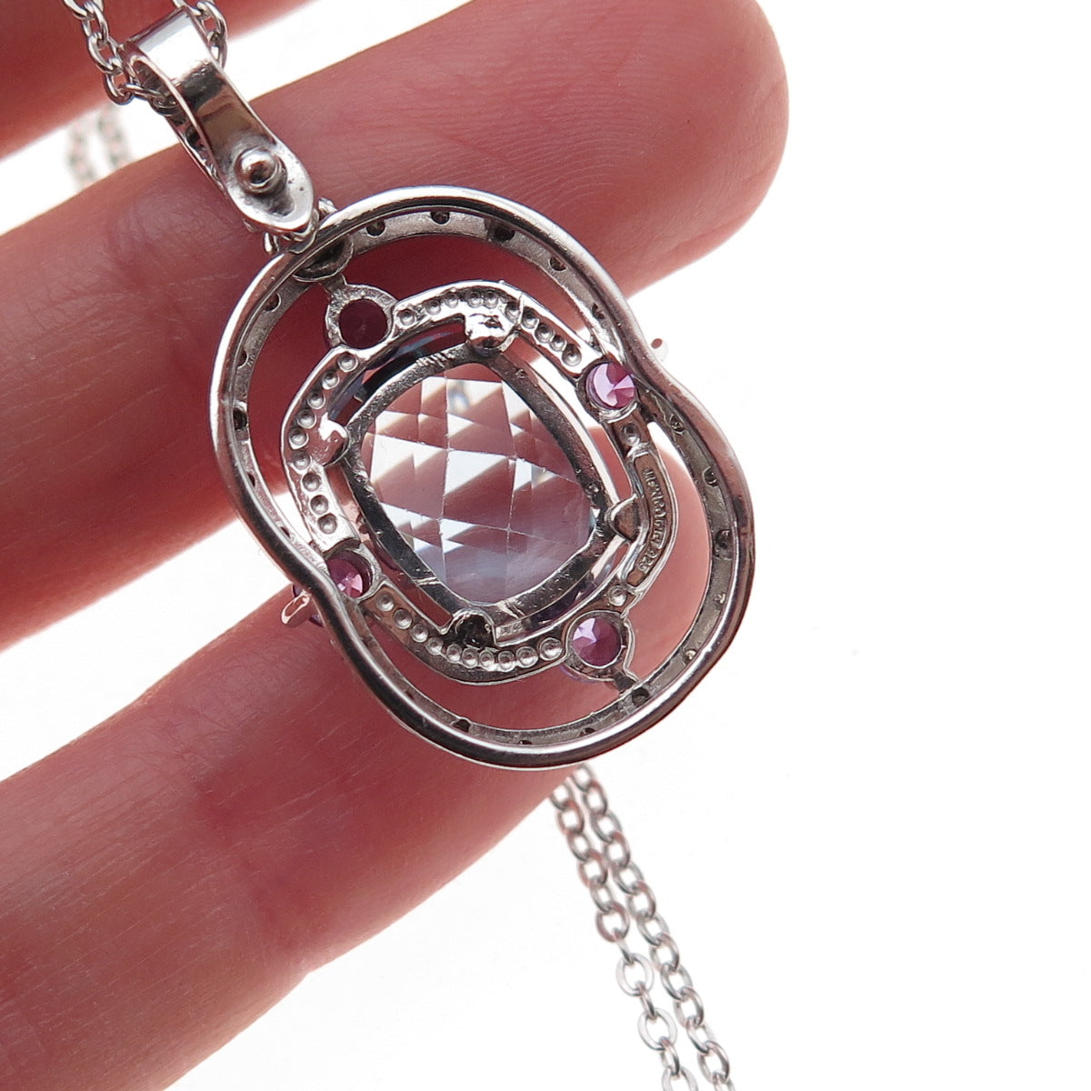 925 Sterling Silver Mexico Real Diamond Blue Topaz & Amethyst Chain Necklace 18"