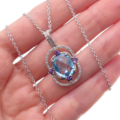 925 Sterling Silver Mexico Real Diamond Blue Topaz & Amethyst Chain Necklace 18"