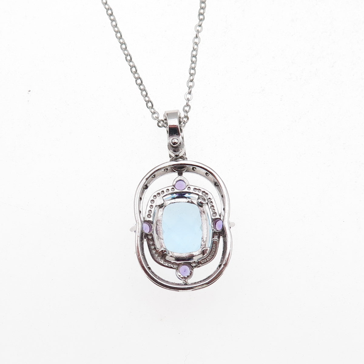 925 Sterling Silver Mexico Real Diamond Blue Topaz & Amethyst Chain Necklace 18"
