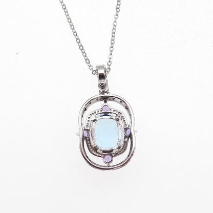 925 Sterling Silver Mexico Real Diamond Blue Topaz & Amethyst Chain Necklace 18"